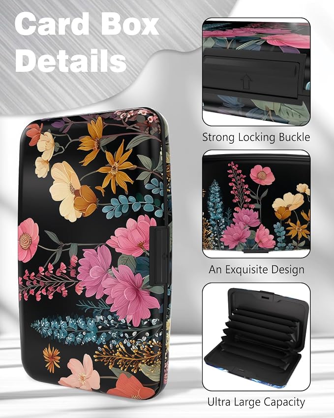 Maicican Credit Card Holder, Mini RFID Blocking Aluminum Wallet | Slim Metal Hard Case Travel Wallet ID Case for Women and Men, 4.3 x 2.9 Inches, Blooming Flowers