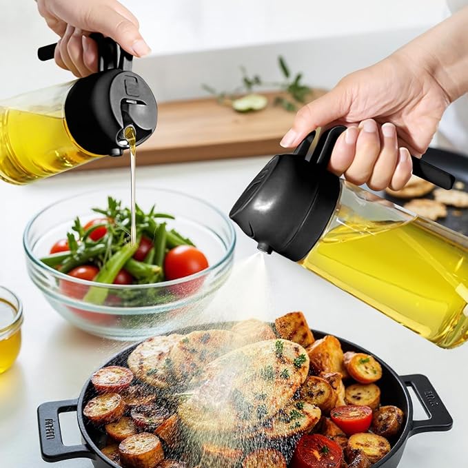 2-in-1 Oil Sprayer & Dispenser, 18oz Borosilicate Glass Oil Spray Bottle, 3 Modes (Spray/Stream/Pour), Leak-Proof Anti-Drip Oil Mister with Ergonomic Handle, One-Hand Operation for Air Fryer, Cooking