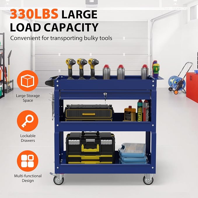 3 Tier Heavy Duty Rolling Tool Cart with Drawers, Large Storage Utility Cart on Wheels for Garage, Warehouse, Repair Shop (Deep Blue)