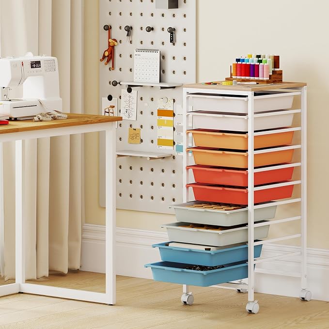 GOFLAME 10-Drawer Rolling Storage Cart, Craft Storage Cart with Wooden Tabletop and Lockable Wheels, Art Cart Supply Storage Organizer with Metal Frame for Home Office Classroom, Macaron Color