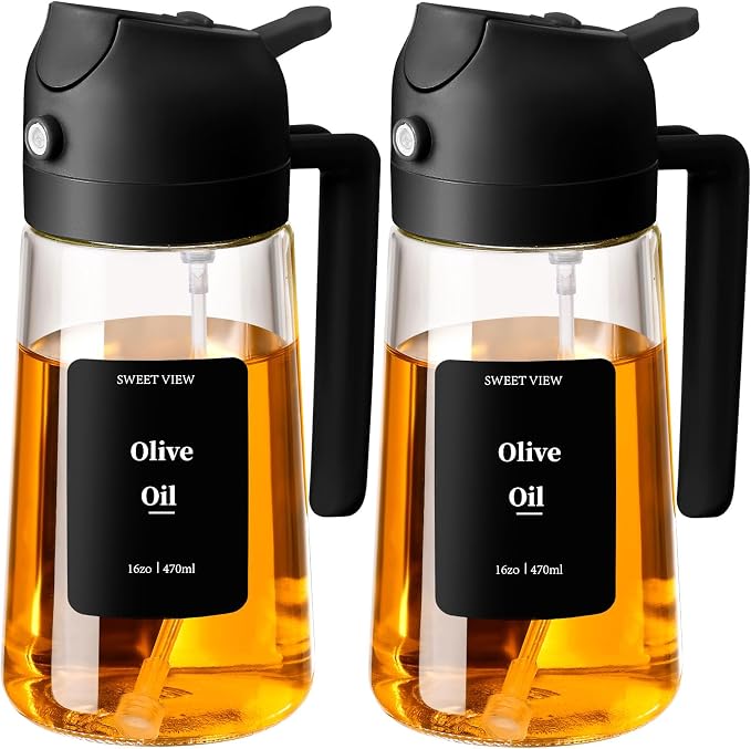 SWEET VIEW 2PCS Oil Sprayer for Cooking 16oz/470ml | Glass Oil Dispenser/Pour Bottle, Kitchen Accessories, Kitchen Gadgets for Air Fryer, Salad, BBQ, with Stickers (Black,Black)