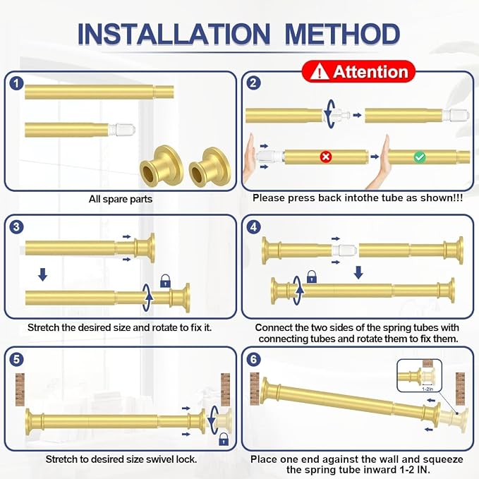 Gold Tension Rod 18-32 Inch, No Drill Spring Rod | Adjustable Stainless Steel Rod, No Drilling Required, Ideal For Closets And Small Windows