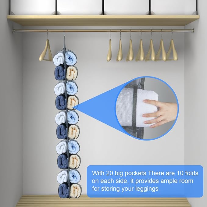 Hanging Legging Organizer, Legging Storage Organizer, Legging Organizer for Closet, Yoga for Pants Jeans Organizer, Hung Behind The Door, Wardrobe, Hanger 20 Pockets Clothes Storage (Grey)