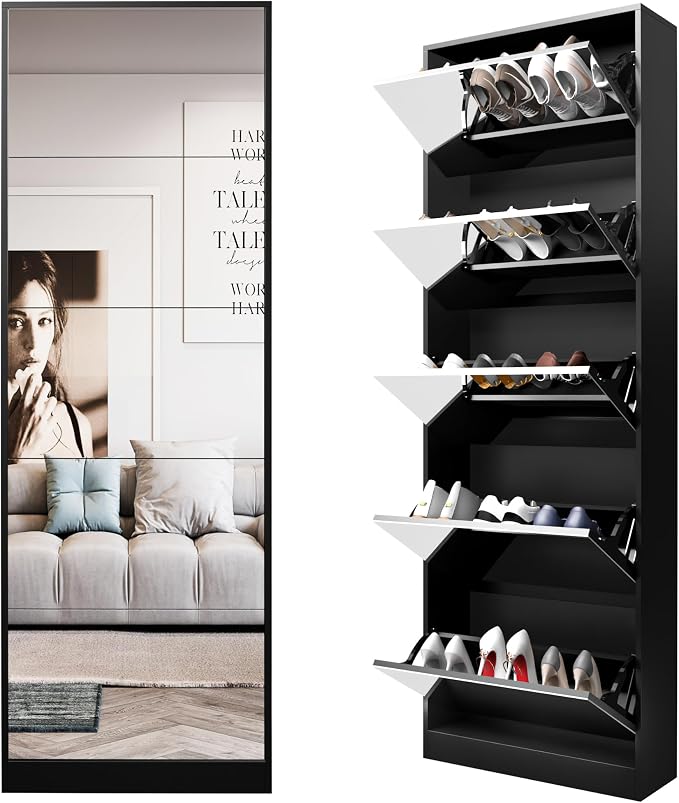 Mirrored Shoe Storage Cabinet with 5 Flip Drawers, 15 Pairs | Real Glass Mirror | Fits Men's Size 15 | Narrow Entryway Organizer | Space-Saving | Black