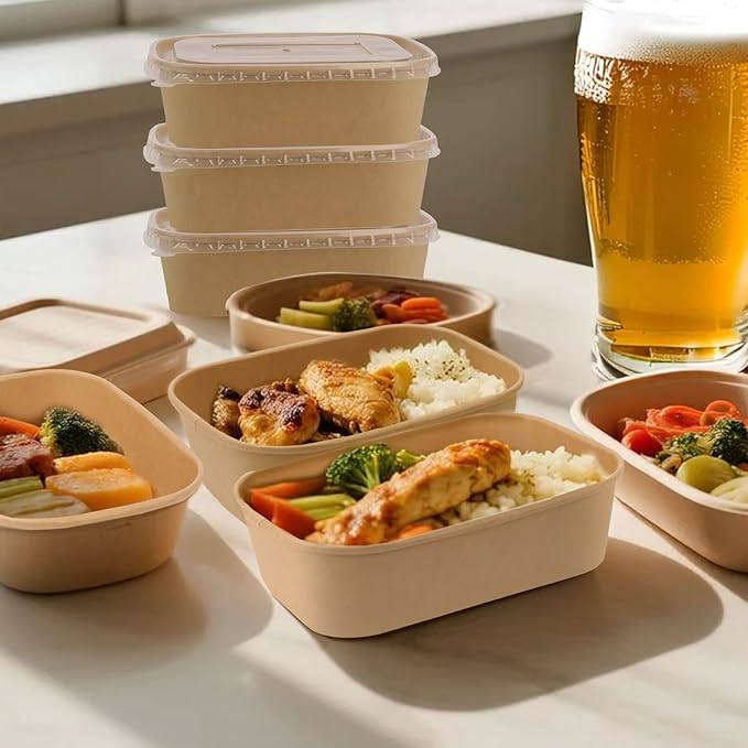 50 Pack 22 oz Paper Food Containers with Lids, Meal Prep Containers Disposable Large Paper Bowls, Microwavable and Freezer Storage Use Cardboard Food Containers
