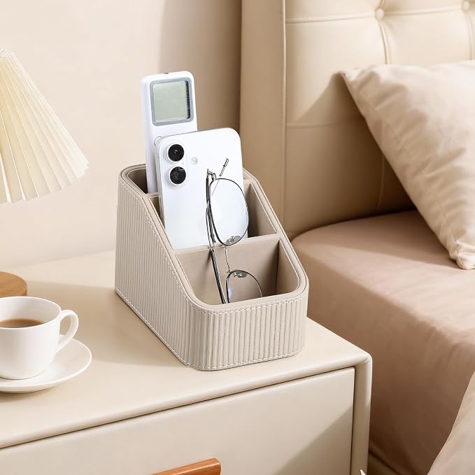 Remote Control Holder, PU Leather Nightstand Organizer, Beige | 3-compartment Remote Bedside Caddy, Soft Velvet Lining, Small Desk Organizer for Remote/Pen/Glasses/Phone