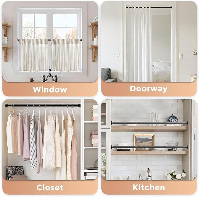 1 Pack Spring Tension Curtain Rods 31-62 Inches, Spring Loaded Curtain Rods No Drilling, Adjustable Expandable Tension Rod for Window Doorway Kitchen Curtain Bedroom Closet, Black