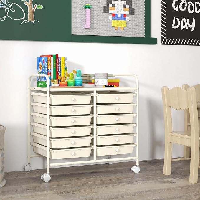 LDAILY 12 Drawer Rolling Storage Cart, Craft Cart Organizer on Wheels w/Metal Frame, Large Capacity & Smooth Drawer, Rolling Cart w/Drawers for Classroom, Office