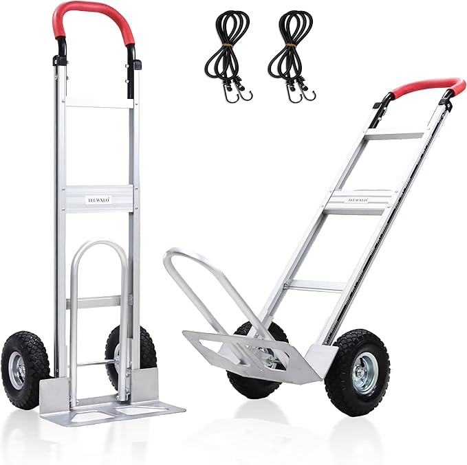 Aluminum Alloy Hand Truck with U-Shaped Handle, 2 Rubber Wheels, 600 lb Capacity, Ext endable Base Plate - Suitable for Warehouse, Office, Home & Multiple Usage Scenarios