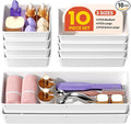 10 Pack Large Size Plastic Drawer Organizers Set, 3 Sizes Desk Drawer Organizer Trays, Storage Bins for Vanity, Makeup, Bathroom, Kitchen Utensils and Office (White)