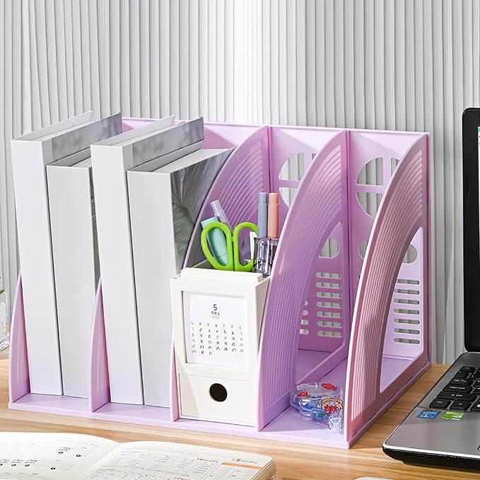 A4 File Holder Magazine File Folder Desk Organizer, 4 Vertical Compartments Bookshelf Document Divider Paper Box Bookends for Office Home Organization and Storage Racks