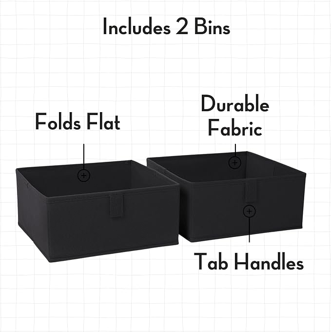 RiverRidge Folding Storage Bins - 2-pack of 5in Tall Black Cubes | Fabric Bins, Set of 2 Storage Cubes, Pull-tab Handles, Playroom Closet Organizer, Collapsible Cubby with Bottom Board Insert