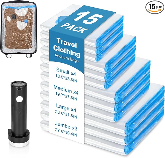 15 Vacuum Seal Bags for Clothing Travel with Rechargeable Air Pump | 4 Size Space Saver Vacuum Storage Bags, 1500mAh Type-C Pump, 6000Pa Saves 80% Space, PA+PE Tearproof Zipper For Luggage