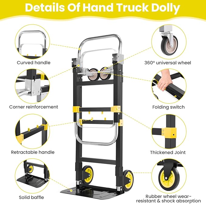 3-in-1 Folding Hand Trucks, 600Lbs Convertible Hand Truck Dolly, Heavy Duty Convertible Dolly with Retractable Handle and 4 Rubber Wheels, Collapsible Cart for Moving Office/Home/Warehous(Yellow)