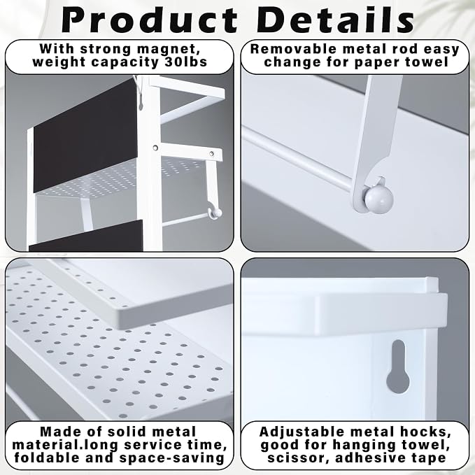 Vercraft Magnetic Dorm Fridge Organizer Heavy Duty Metal 66lbs over Dorm Fridge Shelf Essentials Side of Fridges Paper Towel Holder with Storage Shelf Hooks Magnetic Spice Rack for Room Kitchen(White)