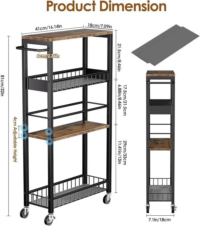 Slim Rolling Storage Cart, 4 Tier Narrow Storage Cart, 7.1in(W) | Metal Kitchen Rolling Cart for Small Spaces, Narrow Shelf for Kitchen, Laundry Room, Bathroom, Living Room