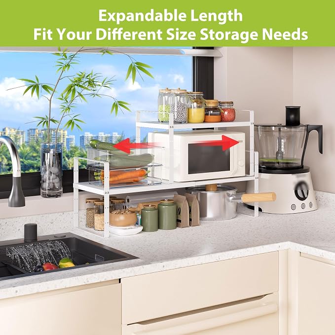 Expandable Cabinet Shelf Organizer Rack, Stackable Kitchen Counter Storage Shelves Stand, Adjustable Height Pantry Shelf Spice Rack (White-2 Pack, 8.7" D x 15.4-26.8" W x 9.8" H)