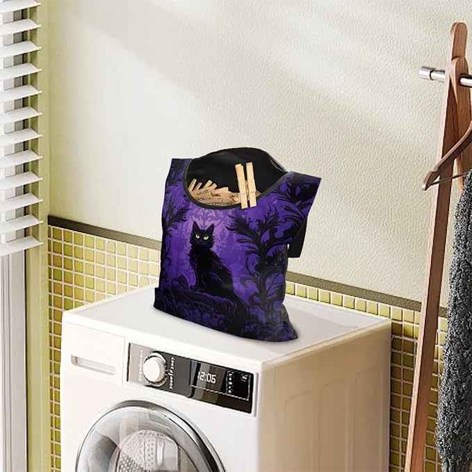 Black Cat Laundry Clothespin Bags Hollween Hanging Storage Organizer 12 x 14.5 Inch Clothes Pin Bag Waterproof Clothespin Bag Clothespins Holder Large Opening and Hanging Rope