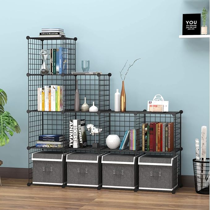 HUBSON Wire Cube Storage Organizer, Book/Toy/Craft/Potted Plants and petCloset Organizers and Storage Shelves, 16-Cube Freely Combinable Metal Grids Storage Shelf,Black Iron