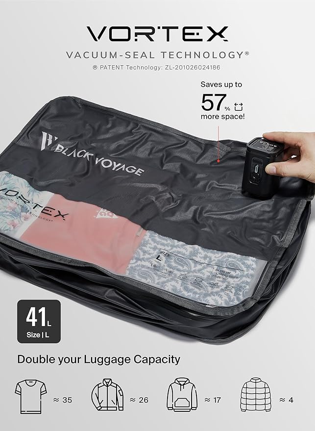 Black Voyage Reusable Vacuum Compression Travel Bag for Carry-On Suitcase and Backpack, Recycled IPX8 Waterproof Space Saver Vacpack (2-Pack, 41L - Pump Included)