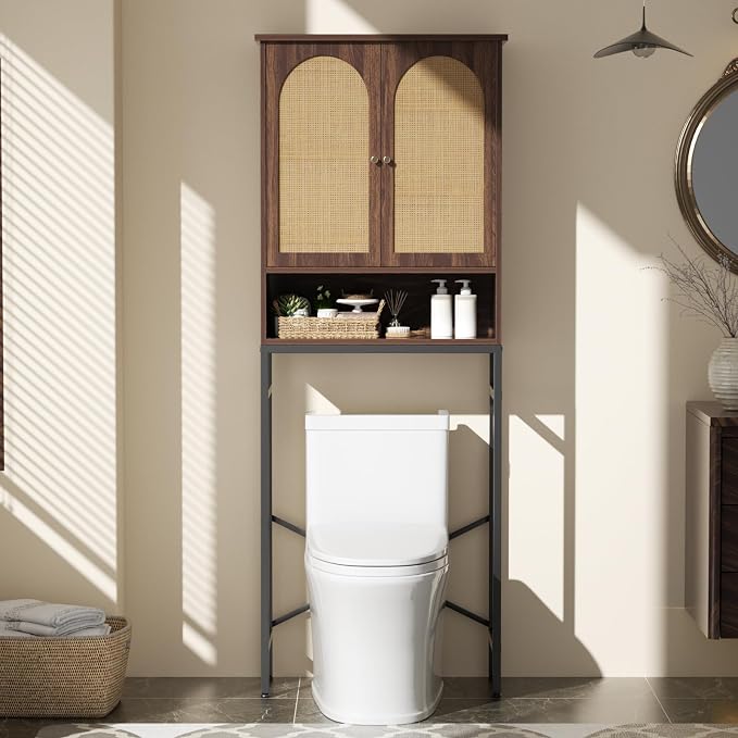 Befrases Rattan Toilet Storage Cabinet, Over the Rack Wood Cabinet with Metal Stand, Bathroom Organizer with Adjustable Shelf, Space Saving Cupboard for Small Bathrooms, Washer Shelf, Dark Brown