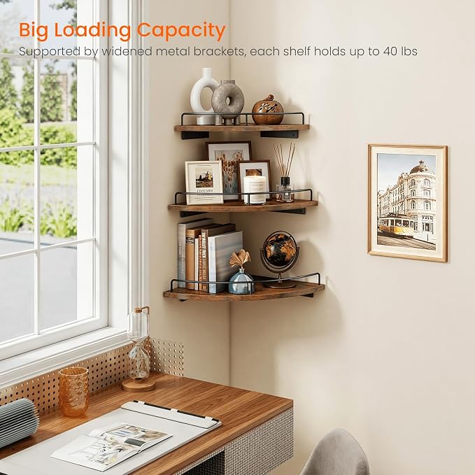 Homode Corner Shelf Wall Mounted Set of 3, Corner Floating Shelves 9/10/12 Inch Deep, Wood Round Corner Hanging Display Shelf with Guardrail for Bathroom Bedroom Kitchen Living Room, Rustic Brown