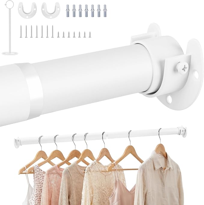 Adjustable Closet Rod for Hanging Clothes, 17-84inch Heavy Duty Metal tension clothes rod，1.3Inches Closet Pole with Hardware Kit for Closet Organization Laundry Room RV, White