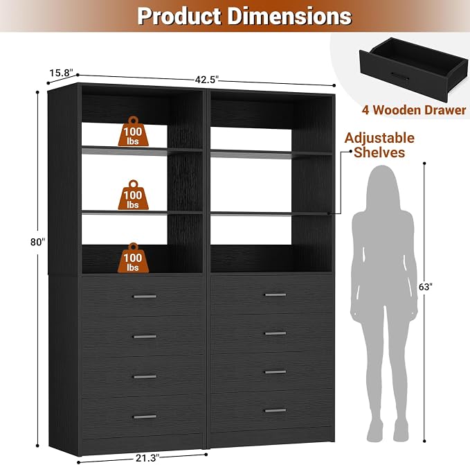 Aheaplus Closet Drawers Organizer System, 3.54FT Wood Closet System with 4 Drawers, Modular Walk-in Closets Storage Unit, Tall Bookshelf Storage Cabinet, Black (2 Packs)