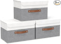 Yawinhe Storage Bins with Lids, Fabric Foldable Boxes, Washable and Leather Handle, Cube Organizer Basket for Home, Closet, White/Grey, 17.7''Lx11.8''Wx11.8''H, 3-Pack, USNK024WGX-3