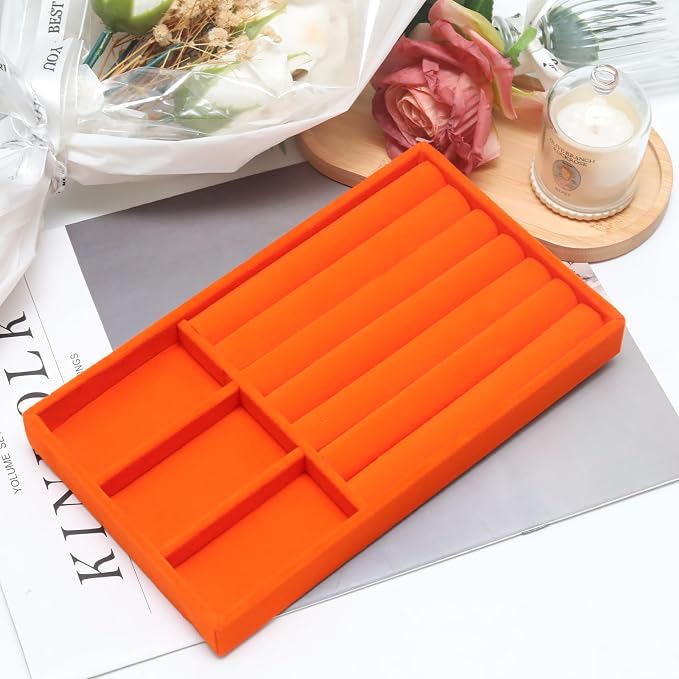 Velvet Jewelry Trays for Drawers, Orange Stackable Jewelry Drawer Organizer Inserts, Ring Earring Necklace Bracelet Holder Organizer Storage Display Tray with Removable Dividers, 2-in-1