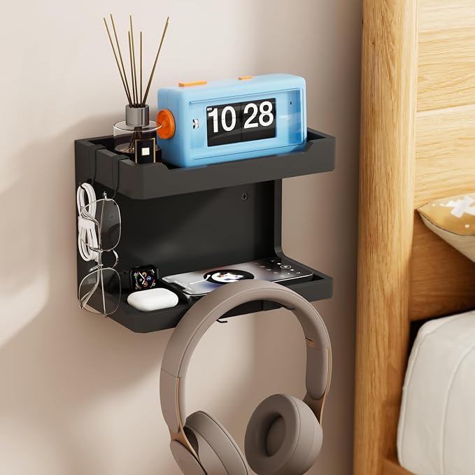 NiHome Bedside Wall Shelf Organizer, Wood 2-Tier Floating Nightstand, Black | Dual Mount Adhesive Or Screw, 4 DIY Hooks, Cell Phone Glasses Holder, College Dorm Room Essentials
