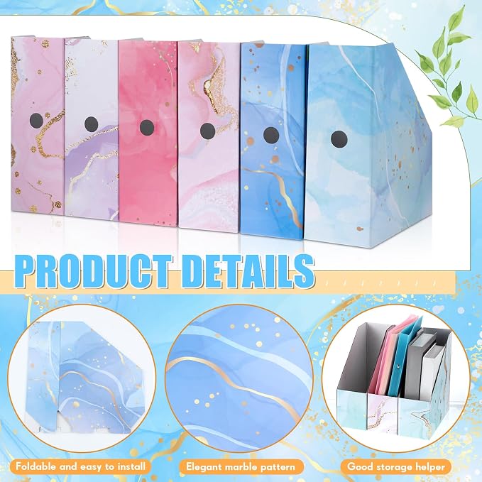 PerKoop 6 Pcs Decorative Magazine File Holders Floral Foldable File Folders Magazine Storage Boxes Rack Desk Organizer Documents with Printable Labels for School Office Home (Marble)