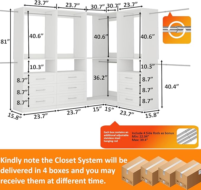 Closet System with 9 Wooden Drawers, 8.5-21.6FT Corner Closet Organizer System,Walk in Closet System with 9 Hanging Rods, Heavy Duty Modular Closet Systems Built-in Shelving System, 4 Sets