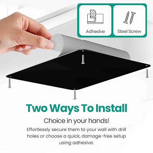 9 inches x 6.5 inches Stainless Steel Plate for Magnets, 3M Adhesive Back, Mounting Screws, Ideal for Magnetic Shelf, Spice Holders, Fridge Magnets. Mount Anywhere! (Black, 2 Pack)