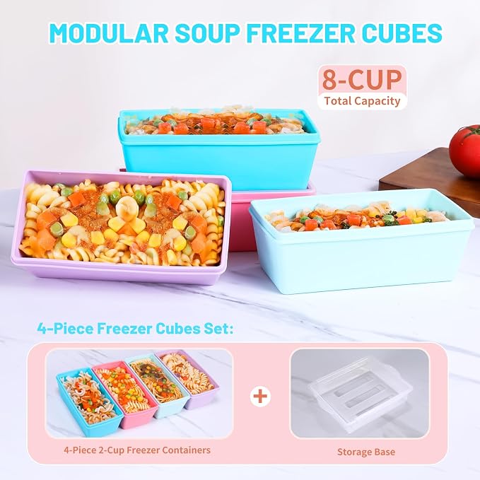 Gemice 2-Cup Silicone Freezer Molds with Lids, Individual 4-Pack | Oven & Dishwasher Safe, BPA-Free Soup Portion Cubes Trays, Freezer Containers for Food Storage