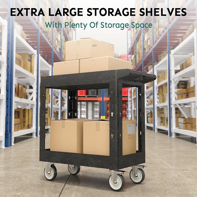 Plastic Utility Cart on Wheels, 34 x 17 Inch Rolling Service Cart-Black | 2 Shelf Work Carts, 500 lbs Capacity Heavy Duty Tool Cart W/Tub Storage & Deep Shelve, for Warehouse, Garage, Cleaning
