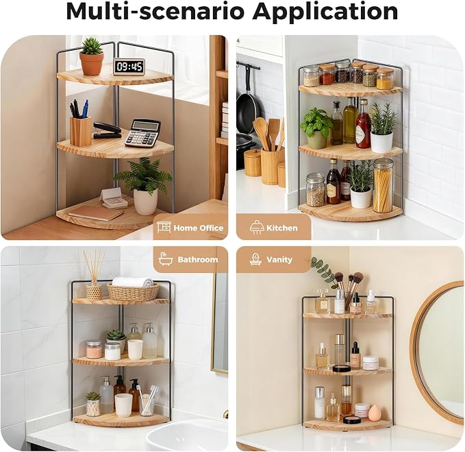 3 Tier Corner Bathroom Counter Organizer – Solid Wood + Metal Stand, Bathroom Countertop Organizer for Skincare, Makeup & Vanity, Space-Saving Rustic Storage for Sink, Kitchen & Bathroom