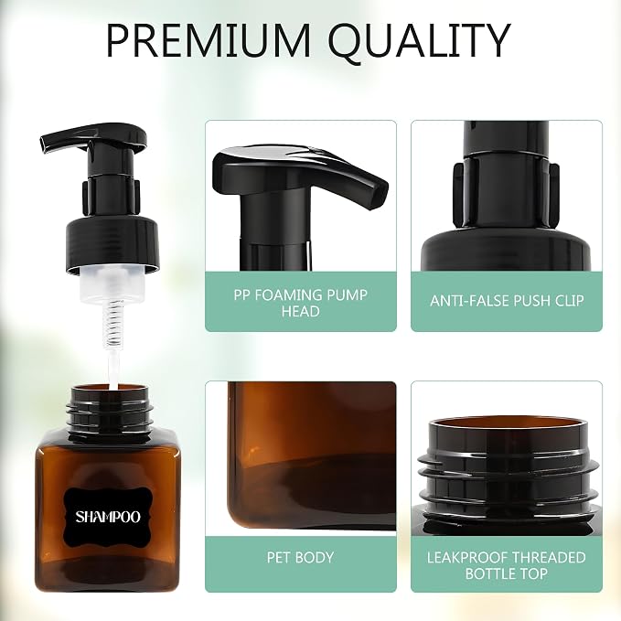 15 Pcs 8.5 oz Foaming Soap Dispenser Plastic Foaming Pump Bottle, Refillable Dispenser with Plastic Pump, Empty Hand Bottles for Liquid Soap, Shampoo, Bathroom,Hotel,Restaurant (15, Brown)