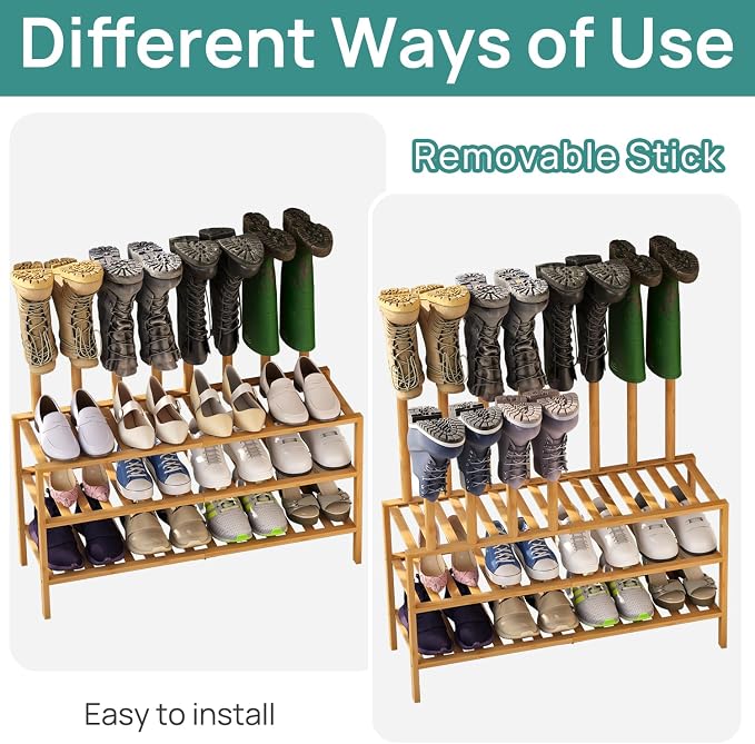 viewcare Boot Rack with Shoe Rack, Long Boot Rack Organizer Tall Boots for Closet, Bamboo Wood Shoe Shelf Storage Organizer for Entryway Small Space