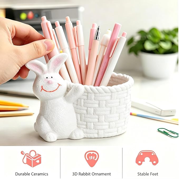 Ceramic Rabbit Shaped Pen Pencil Holder for Desk Decoration Accessories Rabbit Decor Makeup Brush Pen Cups Office School Ideal Gifts for Women, Mom or Birthdays