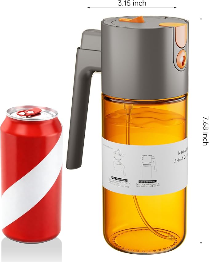 Olive Oil Sprayer & Dispenser Bottle for Cooking 17oz Dark Glass Oil Mister | 2-in-1 Sprayer & Pourer, Leakproof, Fine mist, Light-Blocking, Wide Mouth for Easy Refill & Clean, 8 Oil Labels, Reusable