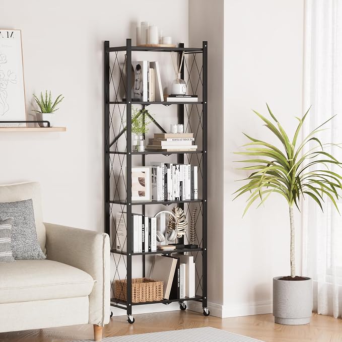 ALANNG 73.6 Inch Folding Bookshelf, 6 Tier Metal Bookcase and Bookshelves | Tall Shelves for Living Room Office Bedroom, Heavy Duty Book Shelve Free Standing Open (Black, 2PACK)