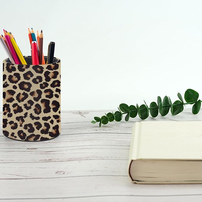 Leopard Print Pen Holder Pencil Cup for Desk Organizer | Cute Makeup Brush Holder PU Multifunctional Office Suppliesfor Decor Home Classroom School