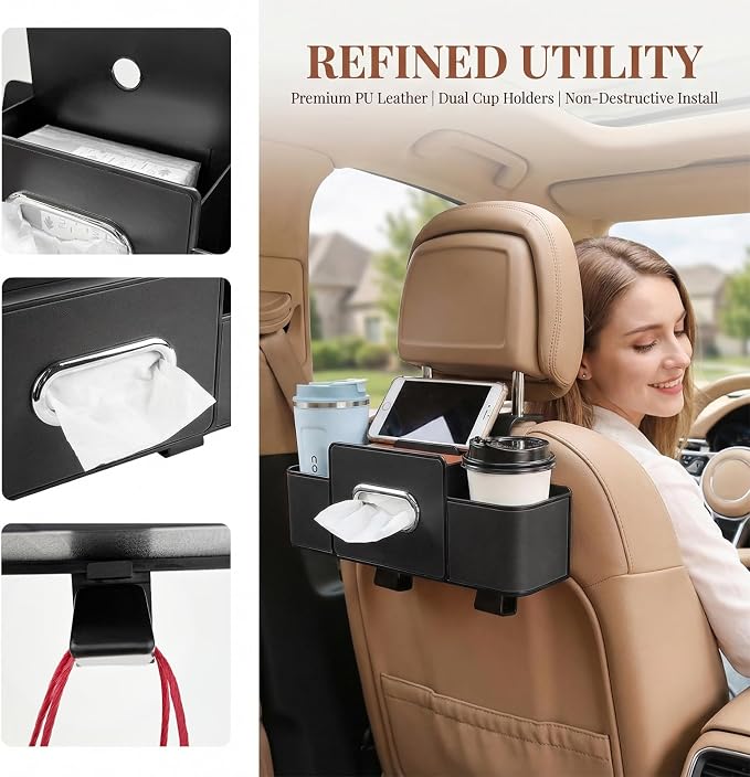 Car Back Seat Organizer, 3-in-1 Auto Seat Back Organizer with Tissue Box, Cup Holders & Hooks, Multifunctional Vehicle Backseat Hanging Organizers for Phones Drinks Handbags (Black)