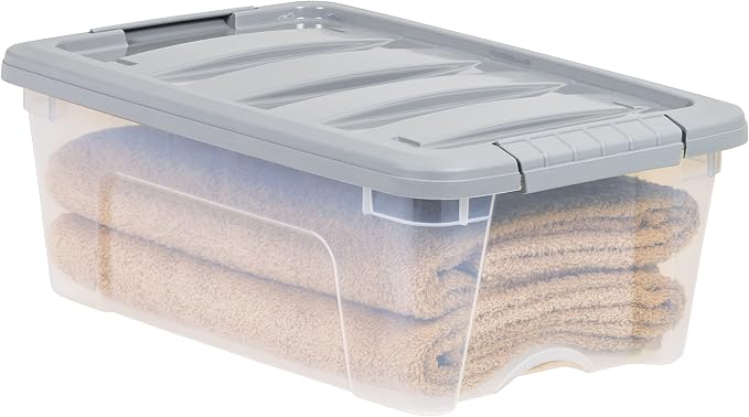 Amazon Basics Plastic Storage Containers with Secure Latching Lids, Stackable Organization Bins, Clear/Grey, 12 Quart, Set of 6