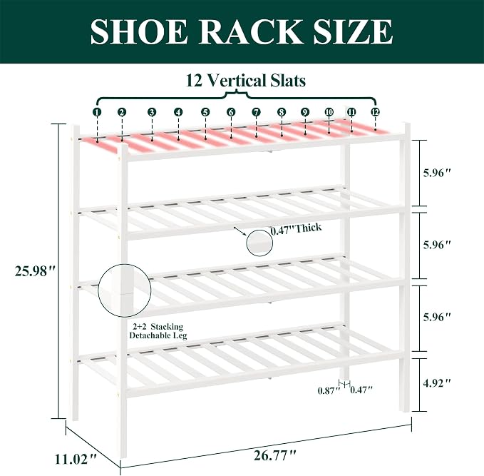 Smiry Bamboo Shoe Rack, 4 Tier Free Standing Wooden Shoe Organizer, Stackable Wood Shoe Storage Shelf for Closet, Entryway, 12 Vertical Slats, 2+2 Stack Standard Legs, 26.8"x11"x26", White