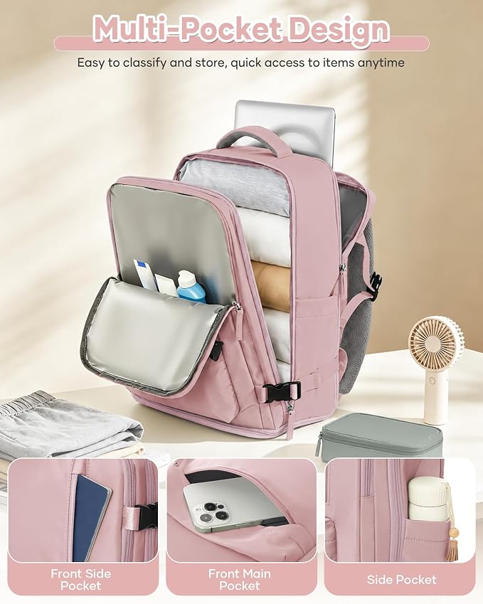 WONHOX Large Travel Backpack Women, Carry On Backpack,Hiking Backpack Waterproof Outdoor Sports Rucksack Casual Daypack with USB Charging Port Shoes Compartment,Pink…