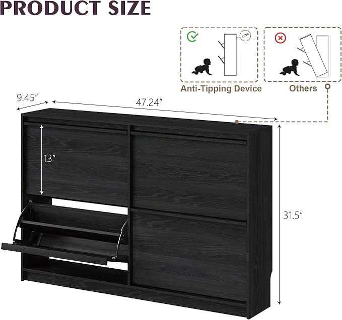 Shoe Cabinet with 4 Flip Drawers, Modern Narrow Shoe Storage Cabinet Organizer with Adjustable Shelf, Hidden Freestanding Shoe Rack for Entryway, Hallway, Living Room, Black