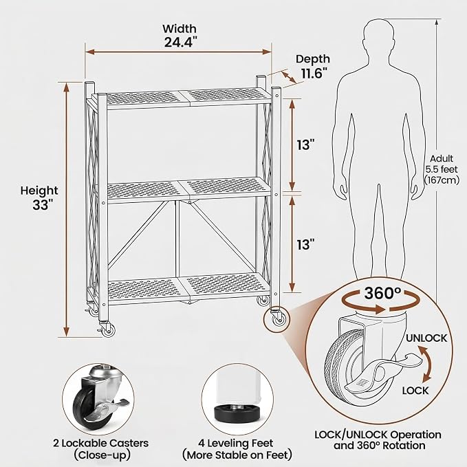 ALANNG 3 Tier Folding Storage Shelf on Wheels,Heavy Duty Metal Rolling Cart | Compact & Portable, No Tools Assembly, Folds to 3.9" Flat, Reinforced Iron Frame, Lockable Casters, for Any Room