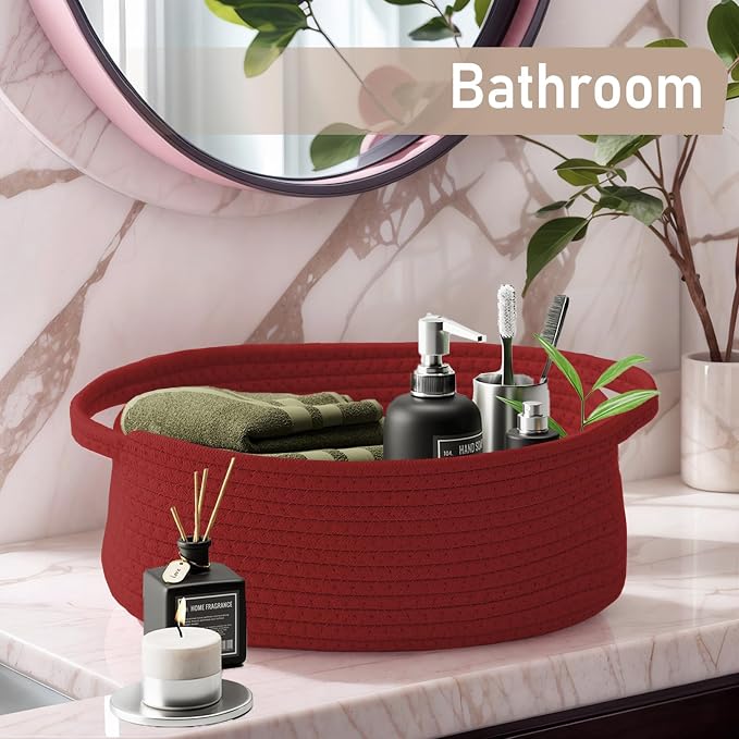 JMvicyroam Woven Basket,Small Rope Storage Bin with Handles & Ribbon Bag, Organizer for Shelves Closets,Gift Basket Empty for Birthday,Books,Dog Toys, Red